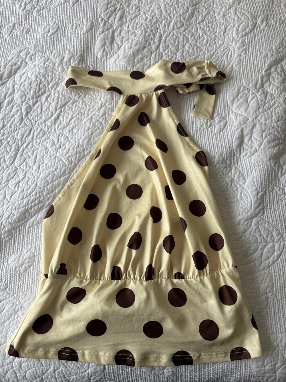Yellowish Cream Polka Dot Halter Dress - Brown Dot Print